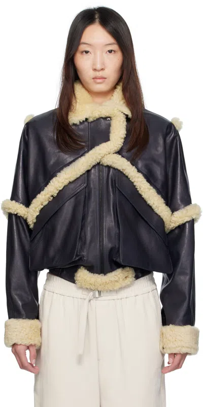 Magda Butrym Navy Shearling Leather Bomber Jacket In Black