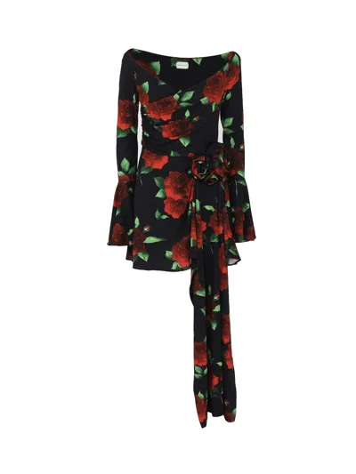 Magda Butrym Off Shoulder Bell Sleeve Mini Dress In Black Floral Print
