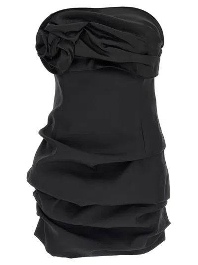 MAGDA BUTRYM OFF-THE-SHOULDER BLACK MINI DRESS WITH FLORAL ACCENT