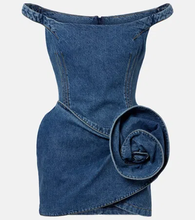 Magda Butrym Off-shoulder Floral-appliqué Denim Minidress In Blue