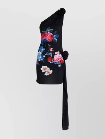 MAGDA BUTRYM ONE-SHOULDER DRAPED DRESS WITH 3D FLORAL PRINT