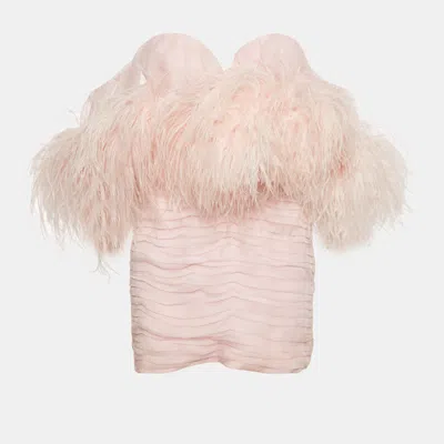 Pre-owned Magda Butrym Pink Silk And Ostrich Feather Strapless Mini Dress S