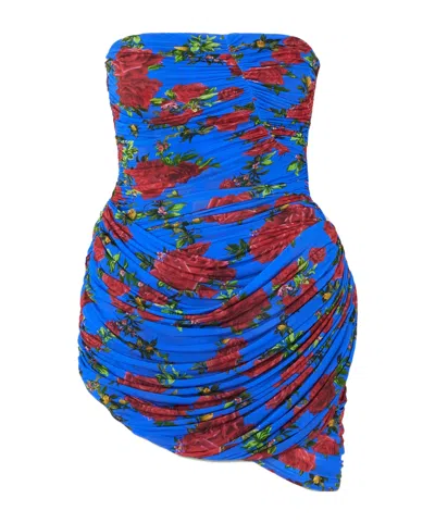 Magda Butrym Strapless Ruched Floral-print Stretch-jersey Mini Dress In Blue