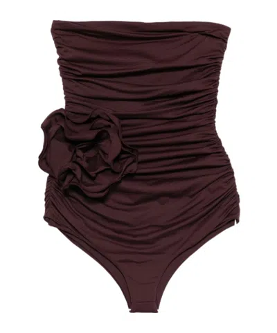 Magda Butrym Pleated Swimsuit In Brown