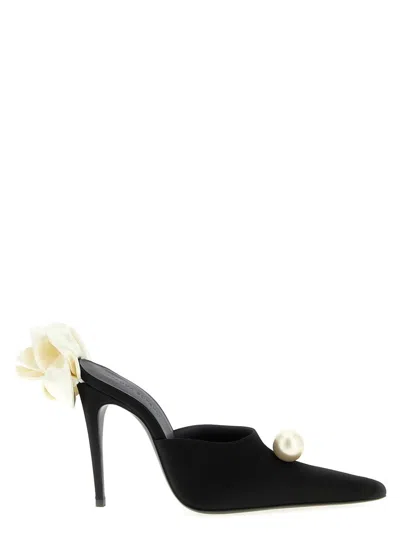 MAGDA BUTRYM POINTED SATIN MULES WITH OVERSIZED PEARL