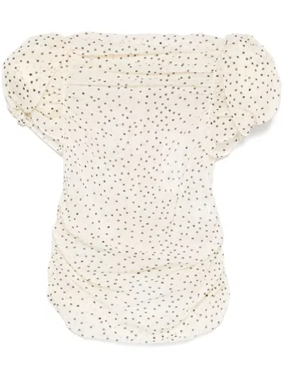 Magda Butrym Ruched Polka-dot Print Stretch-silk Chiffon Top In Ivory