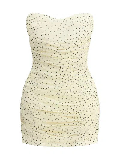 Magda Butrym Strapless Crochet-trimmed Ruched Polka-dot Silk-blend Chiffon Mini Dress In Yellow