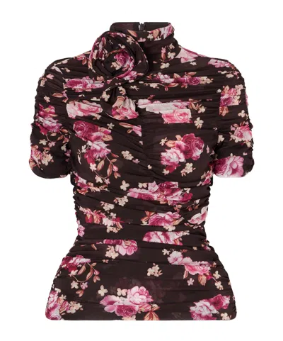 Magda Butrym Ruched Floral-print Stretch-silk Mock-neck Top In Black