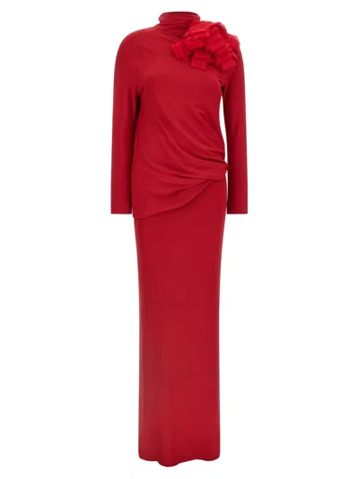 Magda Butrym Long Sleeve Dress Draped Shoulder Detail In Red
