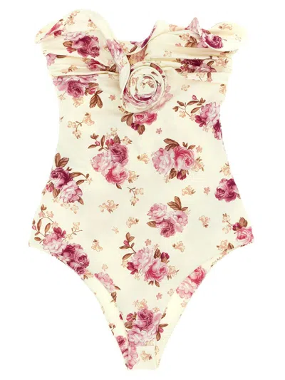 Magda Butrym Re26 Strapless Ruffle Neckline Floral Swimsuit In White