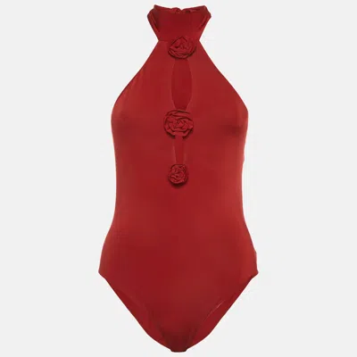 Pre-owned Magda Butrym Red Floral Appliqué Jersey Halter Bodysuit Top S