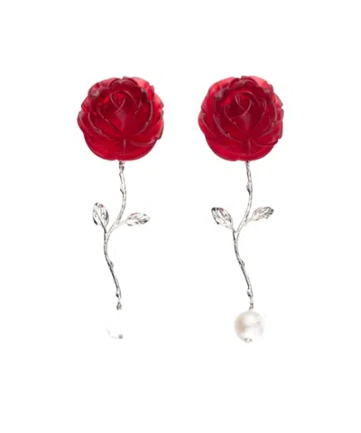 Magda Butrym Red Rose Stem Earrings With Pearl Drop