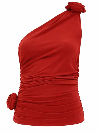 Magda Butrym Red Solid One Shoulder Top