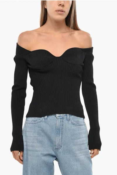 Magda Butrym Ribbed Knitted Top With Sweetheart Neckline In Black