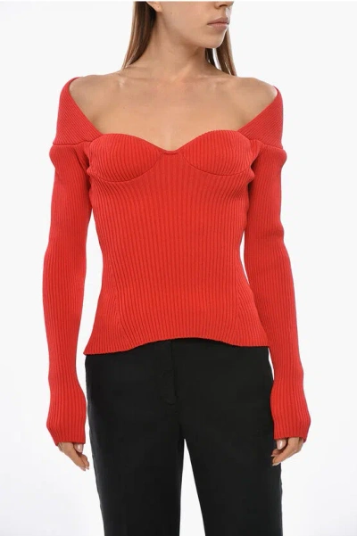 Magda Butrym Ribbed Knitted Top With Sweetheart Neckline In Red
