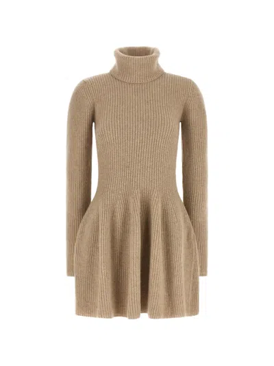 Magda Butrym Knit Dress Turtleneck Long Sleeve Flared In Brown