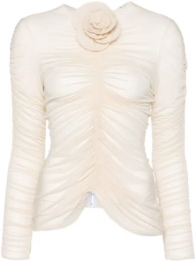 Magda Butrym Floral-appliqué Ruched Top In Beige