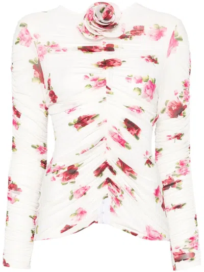 Magda Butrym Rose-appliqué Ruched Top In Cream Print