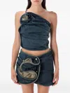 Magda Butrym Asymmetric Denim Floral One-shoulder Ruched Top In Blue