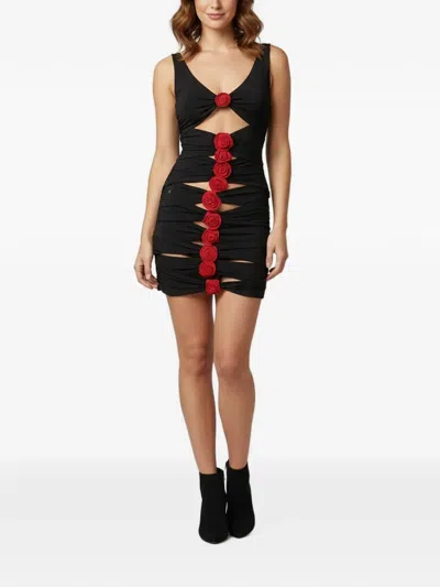 Pre-owned Magda Butrym Rose-embellished Ruched Mini Dress In Black