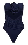 Magda Butrym Strapless Floral Applique Ruched One-piece Swimsuit In Navy