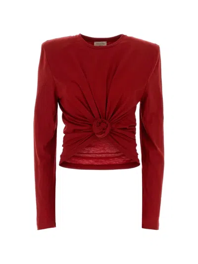 Magda Butrym Cotton Blend T Shirt Crew Neck Knotted In Red