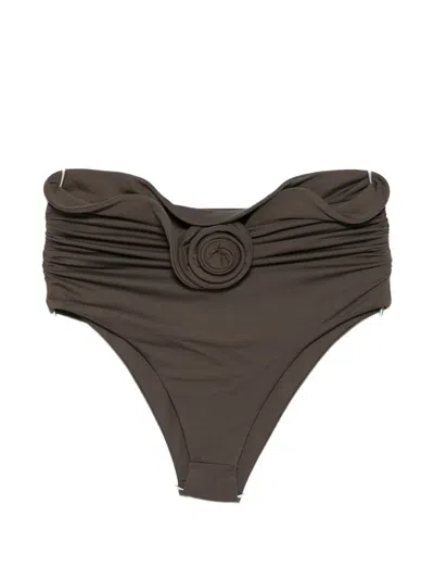 Magda Butrym Rosette-detail Ruched Bikini Bottoms In Brown