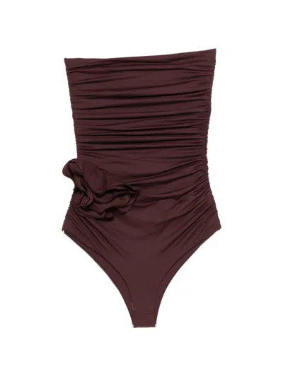 Magda Butrym Ruched Floral-detail Swimsuit In Brown
