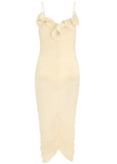 Magda Butrym Ruched Ruffled Stretch-jersey Midi Dress In Beige