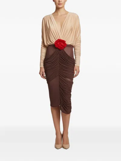 Pre-owned Magda Butrym Ruched V-neck Midi Dress In Brown