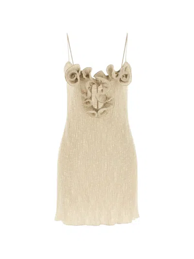 Magda Butrym Dress 05 Spaghetti Straps Textured Ruffled Neckline In Neutral