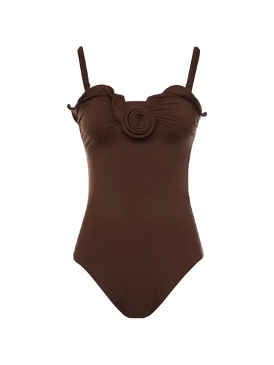 Magda Butrym Ruffled Floral Swimsuit In Brown
