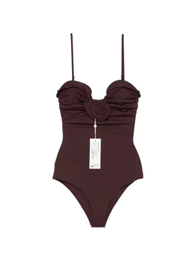 Magda Butrym Ruffled Flower-appliqué Swimsuit In Brown