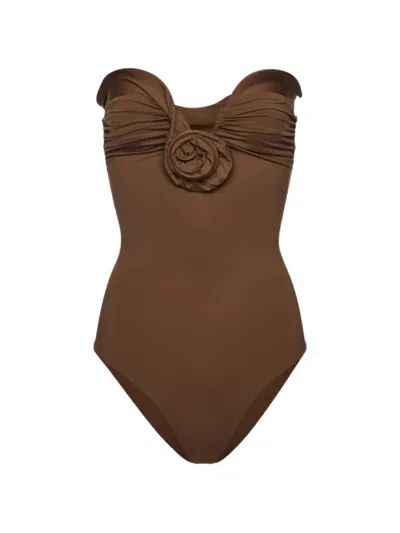 Magda Butrym Ruffled Flower-detail Swimsuit In Brown