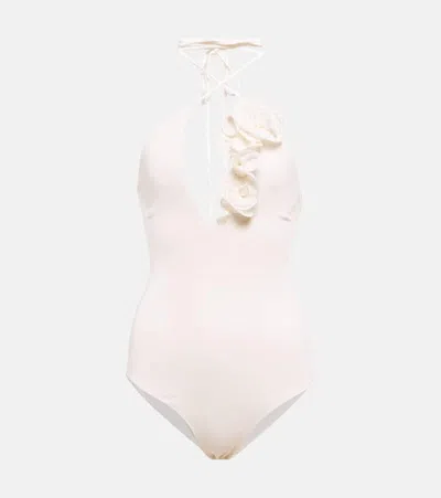 Magda Butrym Ruffled Halterneck Jersey Bodysuit In Cream