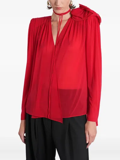 Magda Butrym Sheer Blouse With Oversized Floral Embellishment In Red