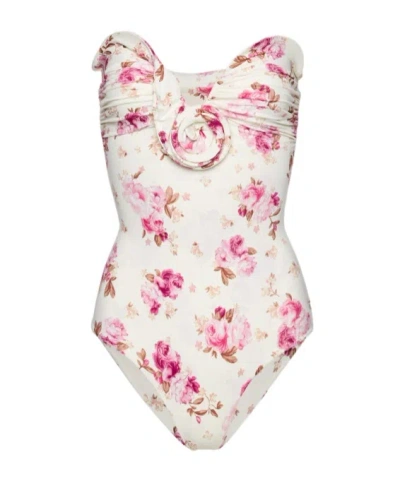 Magda Butrym Sculptural Rose Bustier Swimsuit In Cream Floral Print In White