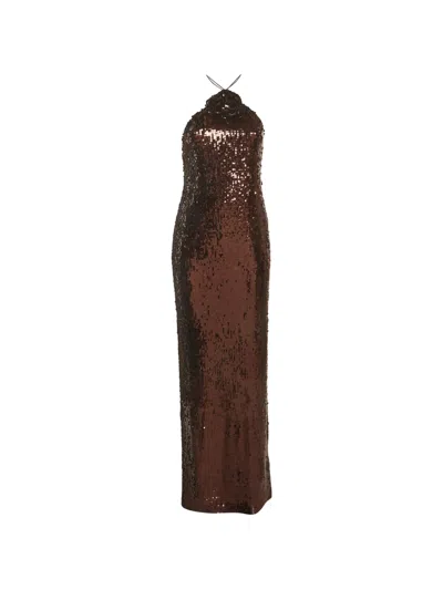 Pre-owned Magda Butrym Sequin-embellished Halter-neck Maxi Dress In Brown