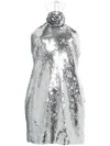 Magda Butrym Sequined Halter Neck Mini Dress W/ Rose In Silver