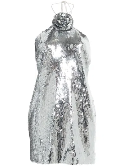 Magda Butrym Sequined Halter Neck Mini Dress W/ Rose In Silver