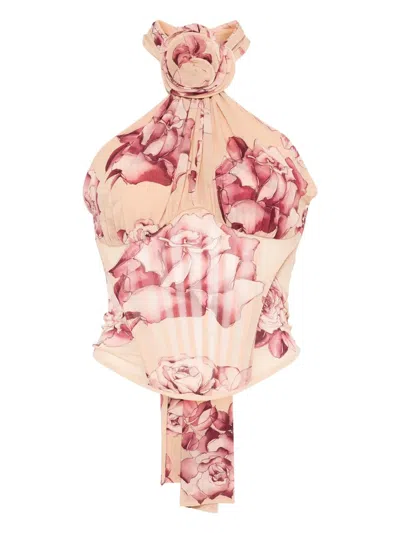 Magda Butrym Sheer Halter Bustier Top With Beige Print