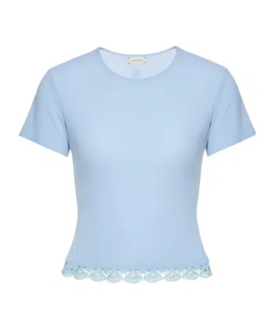 Magda Butrym Short Sleeve Round Neck Lace Trim Top In Metallic