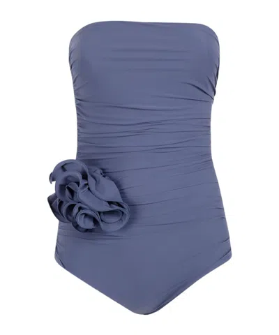 Magda Butrym Floral Applique Strapless Ruched Onepiece Swimwear In Gray
