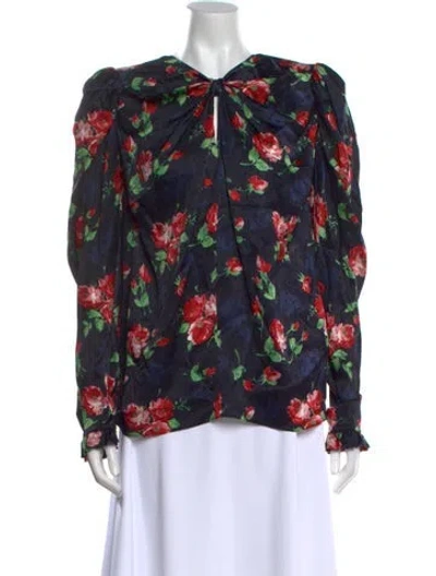 Pre-owned Magda Butrym Silk Floral Print Blouse In Blue