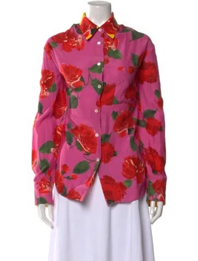 Pre-owned Magda Butrym Silk Floral Print Button-up Top In Pink