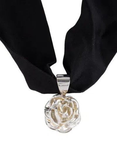 Pre-owned Magda Butrym Silk Ribbon Rose Pendant Necklace, 49" In Black
