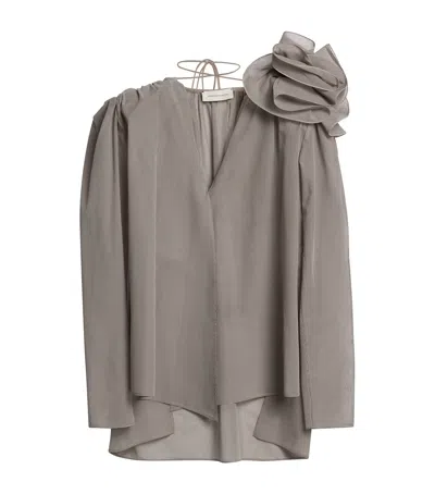 Magda Butrym Silk Rose Brooch Blouse In Gray