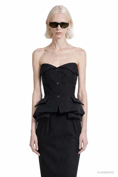 Magda Butrym Strapless Cotton Blouse With Rose Peplum In Black