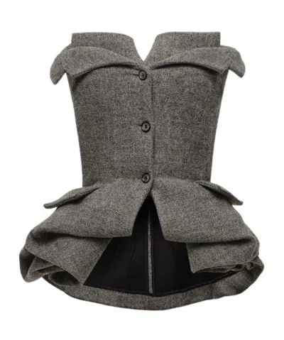 Magda Butrym Strapless Wool Blouse With Rose Peplum In Grey In Multi