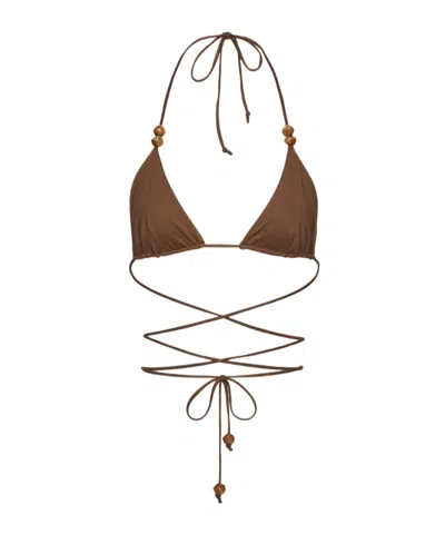 Magda Butrym Strappy Triangle Bikini Top In Brown With Beads